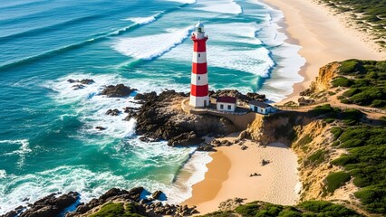 Aerial view of a red and white striped lighthouse perched on a rocky outcrop beside a beautiful sandy beach