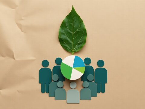 Pie chart with leaf over group of icons