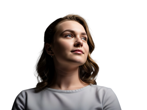 Young Woman Looking Up with a Calm Expression on White Background