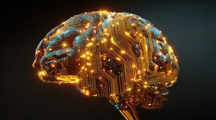 A glowing, circuit-patterned brain symbolizes the fusion of technology and neuroscience, representing innovation and advanced cognitive functions.