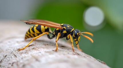 Sharp detailed close-up of a yellow and black wasp resting on a textured wooden post, highlighting its body, wings, and patterns with a soft green bokeh background