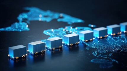 A digital representation of shipping containers on a map, highlighting global trade and logistics with a futuristic, technological theme.