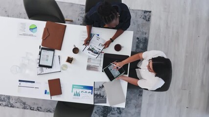 Above, research and tablet with business people in meeting for planning, budget discussion or documents. Account analysis, risk management and collaboration with employees and tech in agency - Powered by Adobe
