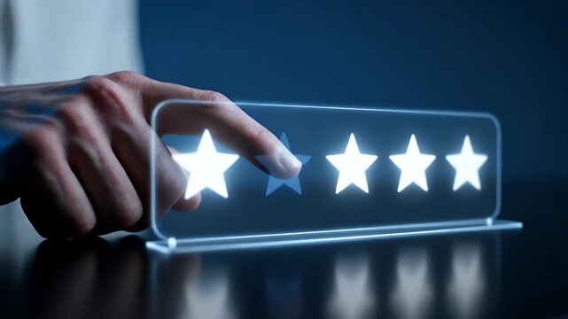 Hand Interacting with Illuminated Star Rating System on Dark Blue Background Smooth Focus