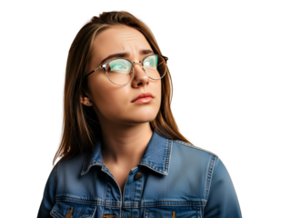Thoughtful Woman with Glasses Looking Up in Denim Jacket