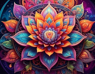 A vibrant, detailed mandala featuring a lotus flower at its center. It explodes with layers of colorful petals in a radial pattern