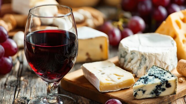 A glass of red wine accompanied by an assortment of cheeses and fresh grapes on a rustic wooden table.