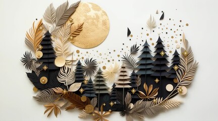 AI-generated animated illustration of a charming papercraft winter scene with a moon, stars and trees that morphs to another charming winter scene - Powered by Adobe