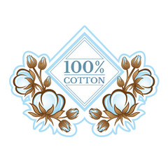 Cotton seeds and leaves vector label. Rhombus frame or tag for eco textile and natural fabric tag. Color 100% cotton icon vector template