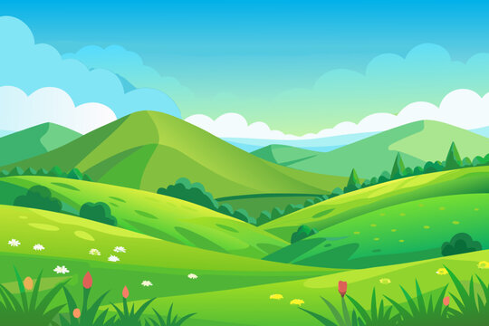 Lush green rolling hills under a bright blue sky with fluffy clouds Keywords: rolling hills, green landscape, nature, countryside, meadow, grass