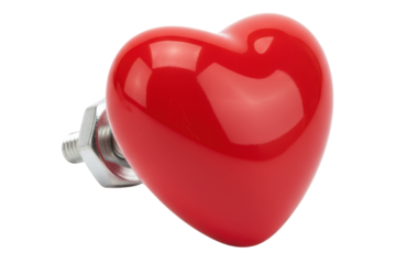 Shiny red heart-shaped ceramic drawer knob with silver bolt isolated on a transparent background
