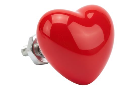 Shiny red heart-shaped ceramic drawer knob with silver bolt isolated on a transparent background