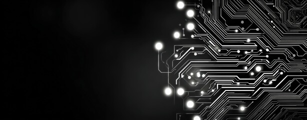 Abstract digital circuit board with glowing nodes and lines on black
