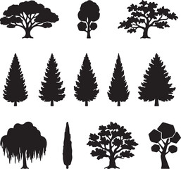 Diverse Collection of Black Tree Silhouettes on a White Background Keywords: tree, trees, nature, silhouette, black, white, background, isolated, shapes, organic, growth, on transparent background