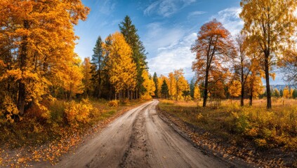 Fototapeta premium Winding dirt road through a vibrant, sunlit autumn forest
