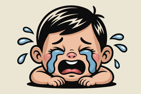 Cartoon illustration of a baby crying with tears streaming down its face. Depicts sadness and emotion in a simple style