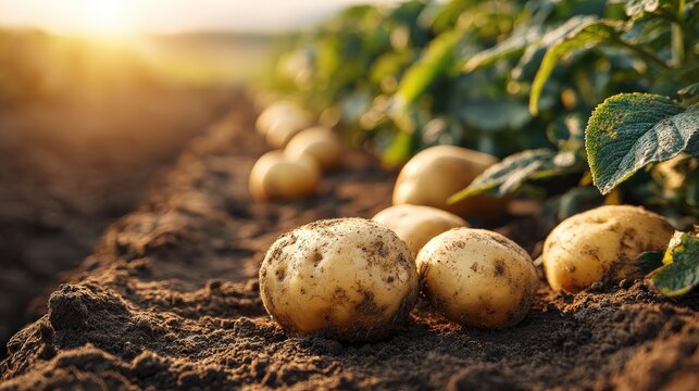 Freshly harvested potatoes lie on fertile soil, surrounded by green potato plants, basking in warm sunlight during a beautiful day.