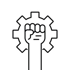 An icon of a fist raised in the air with gears in the background. The concept of strength and determination.