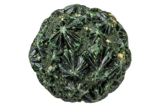 Rough green mineral sphere with radiating crystal formation isolated on a transparent background