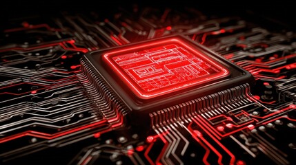 A close-up image of a glowing red microchip on a circuit board, showcasing intricate wiring and a futuristic design.