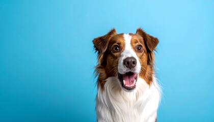 Cheerful brown and white dog portrait with open mouth and eyes, set against a vibrant blue background