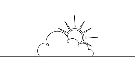 Sun behind a cloud drawn with one continuous line. Black outline illustration isolated on white background. Vector illustration.