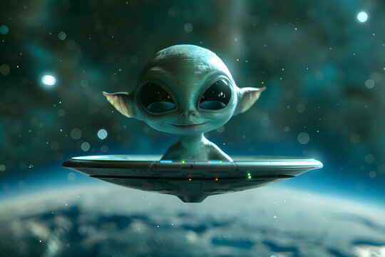 Curious cartoon alien floating in a spaceship above Earth