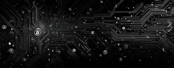 Intricate dark circuit board with numerous glowing digital currency symbols