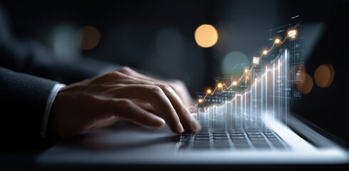 Hands typing on laptop with glowing financial chart displaying growth