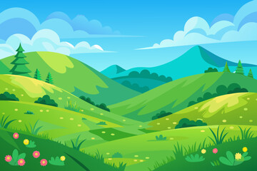 Stylized cartoon valley with green hills, scattered trees, and a bright blue sky with clouds bushes