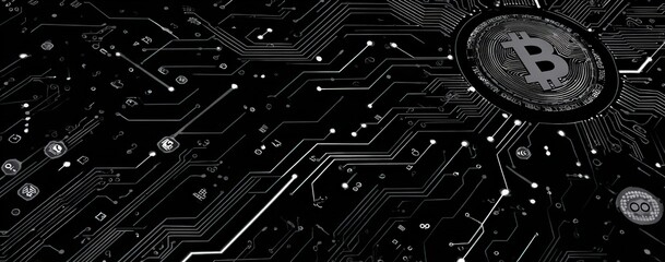 Futuristic digital circuit board with a central glowing coin symbol