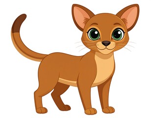 Cartoon feline with amber fur, bright green eyes, and pointed ears stands alert on a white background