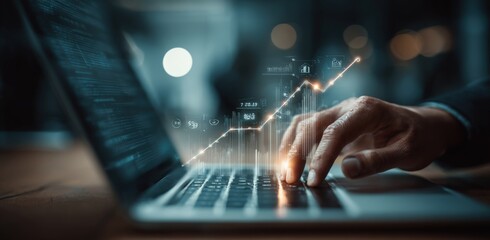 A hand types on a laptop, with a glowing graph overlay indicating financial growth