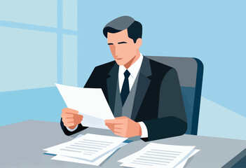 An illustrated man in a dark suit sits at a desk, reviewing a document.  Papers are also on the desk