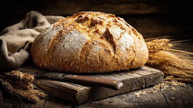 A rustic loaf of bread rests on a wooden board, surrounded by wheat stalks, showcasing a cozy, artisanal baking scene.