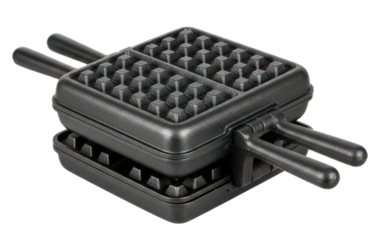 Black cast iron stovetop waffle maker pan with long handles isolated on a transparent background