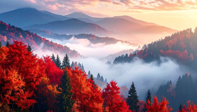 Autumnal forest valley, mist-filled, with brilliant red, orange, and brown trees, and mountain horizon at sunrise