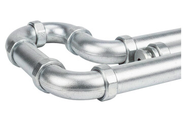 Chrome metal curved plumbing pipes for water supply connection isolated on a transparent background