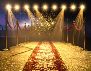A red carpet runway under spotlight, leading to a glowing stage with golden confetti
