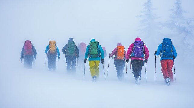 Adventurous group trekking through snowy mountains, a vibrant expedition in winter wonderland, perfect for travel ads and outdoor adventure campaigns