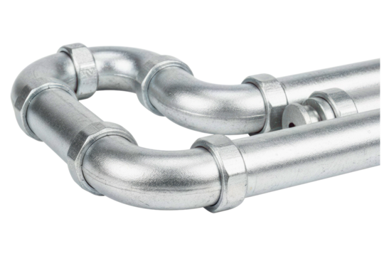 Chrome metal curved plumbing pipes for water supply connection isolated on a transparent background