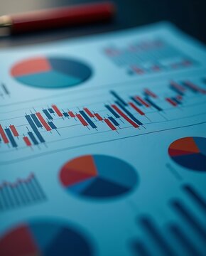 Financial analysis report featuring pie charts and candlestick stock graphs for market data review.