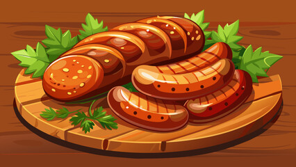 Very beautiful semi-realistic vector illustration of grilled sausages arranged on a rustic wooden plate, showcasing golden-brown textures, juicy interiors, and a warm, inviting presentation on a table