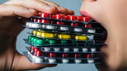 Person about to ingest a large stack of colorful blister packs filled with various medication pills