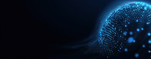 A digital sphere of blue glowing particles floats on a dark background