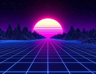 A retro, geometric landscape featuring a vibrant sun setting over mountainous silhouettes