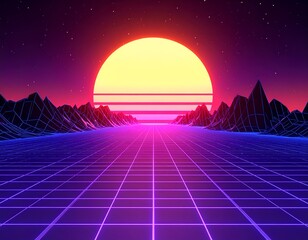 A retro-futuristic landscape featuring a grid, mountains, sun, and stars in vivid colors