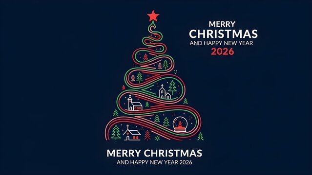 Merry Christmas and Happy New Year 2026 Template with Modern Geometric Tree