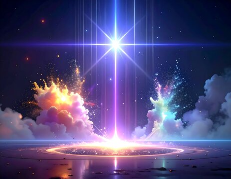 An ethereal scene features a radiant pillar of light rising amidst cosmic clouds and a glowing ring on a reflective surface