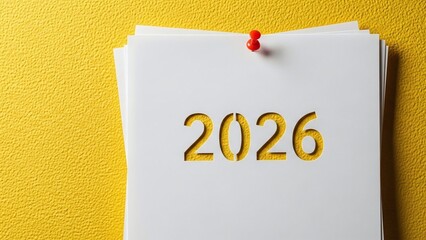 3d illustration of a white paper sheet with the year 2026 cut out, pinned to a textured yellow wall, symbolizing future planning and anticipation isolated on white background